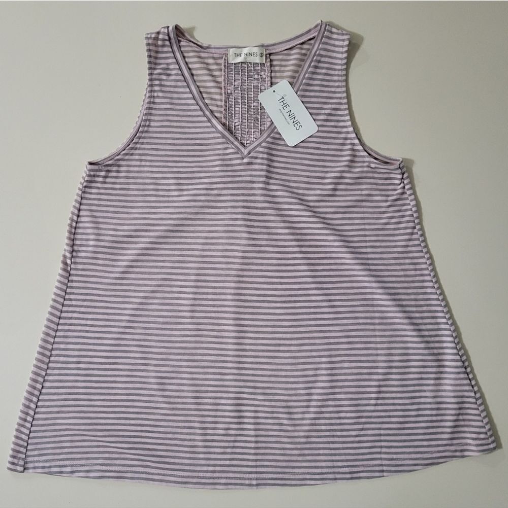 The Nines Women's Pink Grey Stripe Smocked Back Swing Tank Top